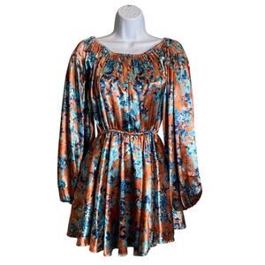 Caroline Constas Women's Floral Satin Off Shoulder Mini Dress Size XS Flowy Boho